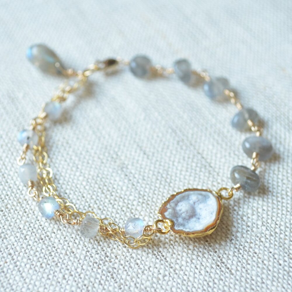 Labradorite Bracelet in Gold with Geode Center - Hand Made in Canada